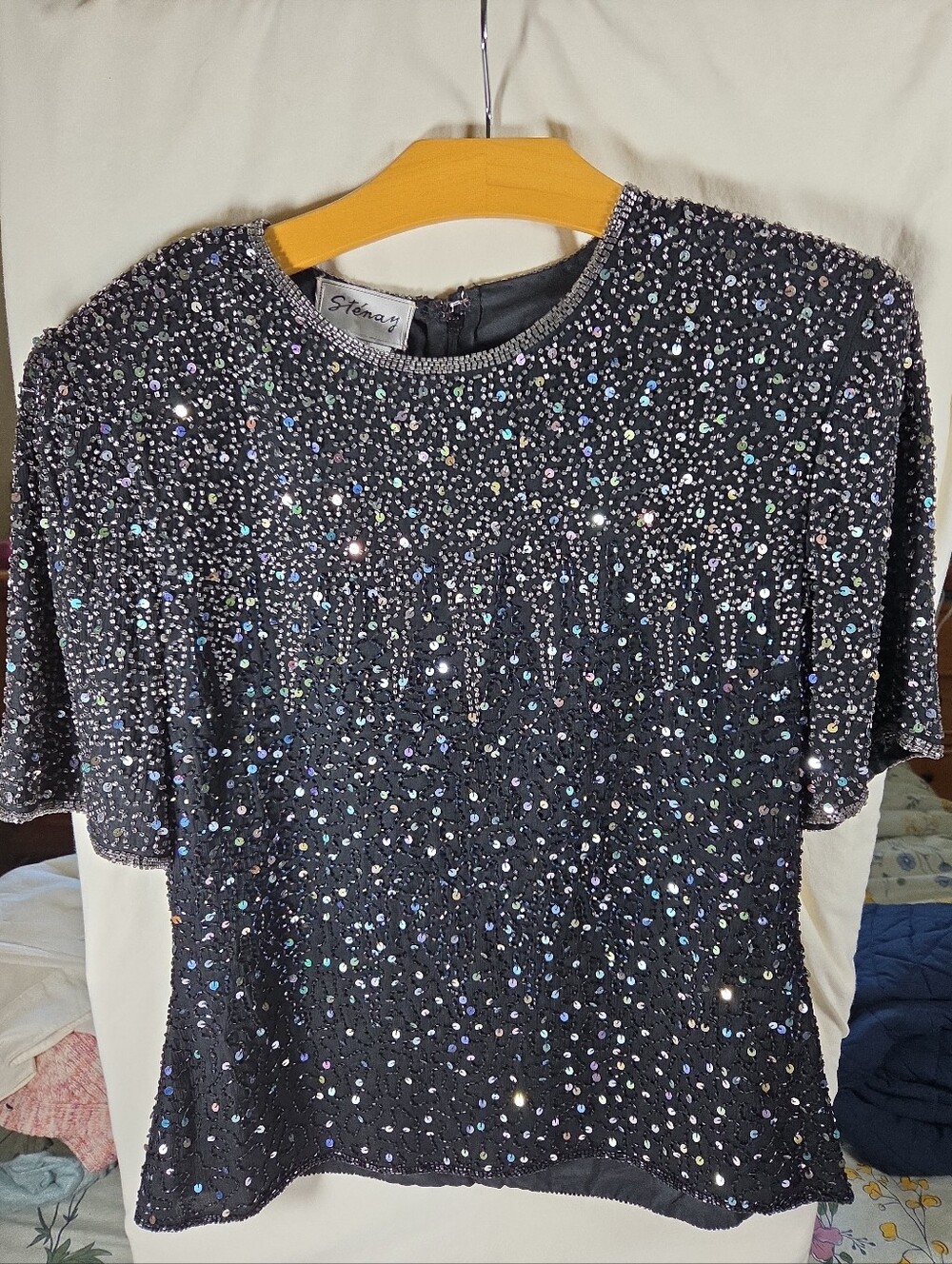Vtg Stenay Black Silk Beaded Sequined Top Sz M Vampy glam Cocktail Glow 80s-90's